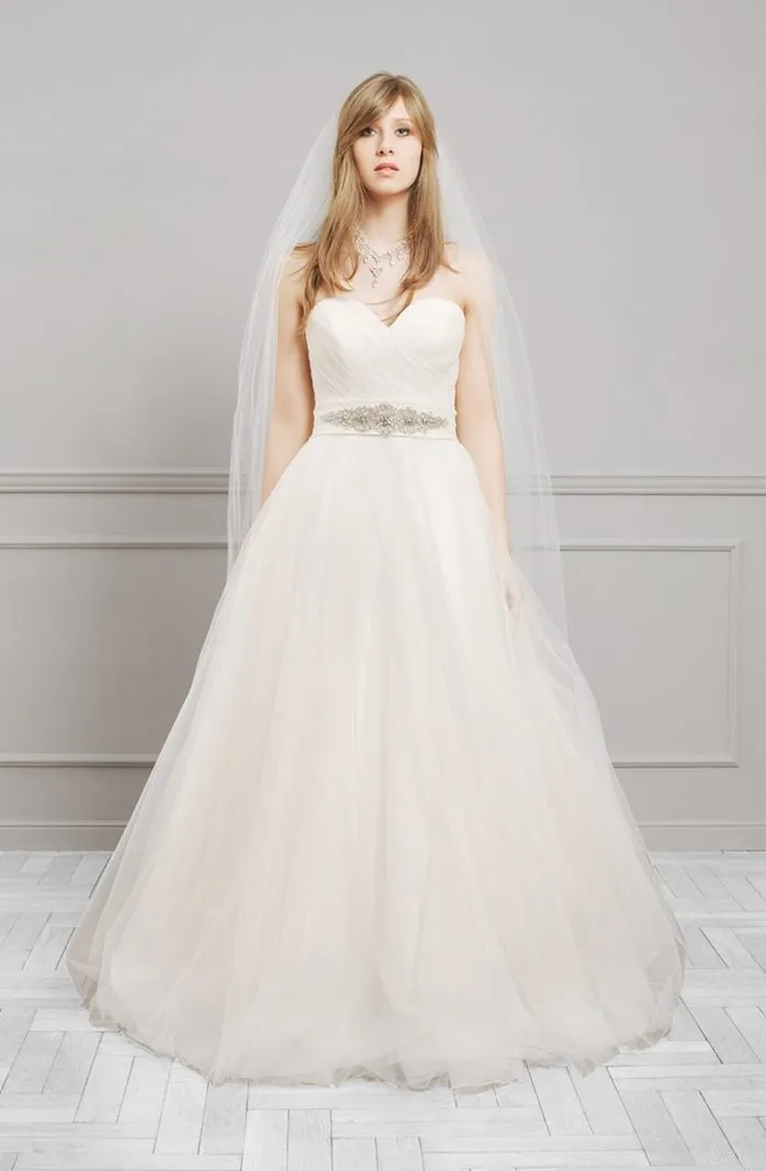 ---Classic wedding dress trends 2021 very simple with draped bodice, sweetheart neckline and wide tulle skirt--