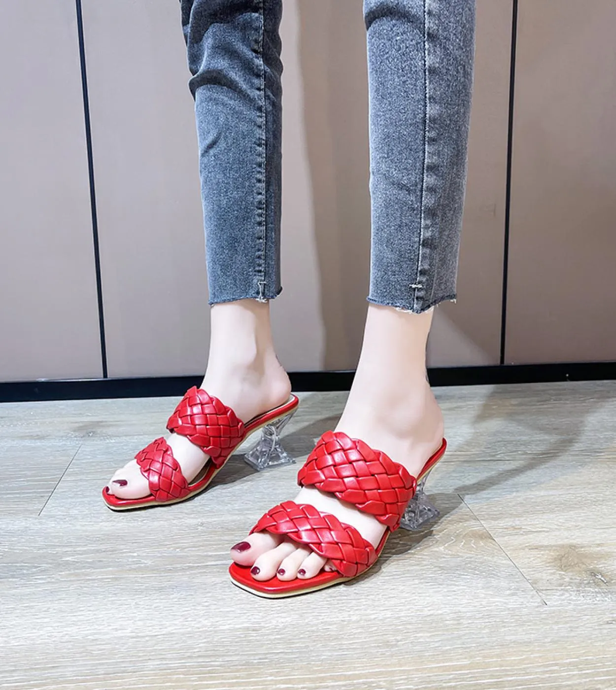 2022 New Summer Women Mules Design Slippers Sandal Slides Braided Cord  Transparent Fretwork Heels Women Shoes Female