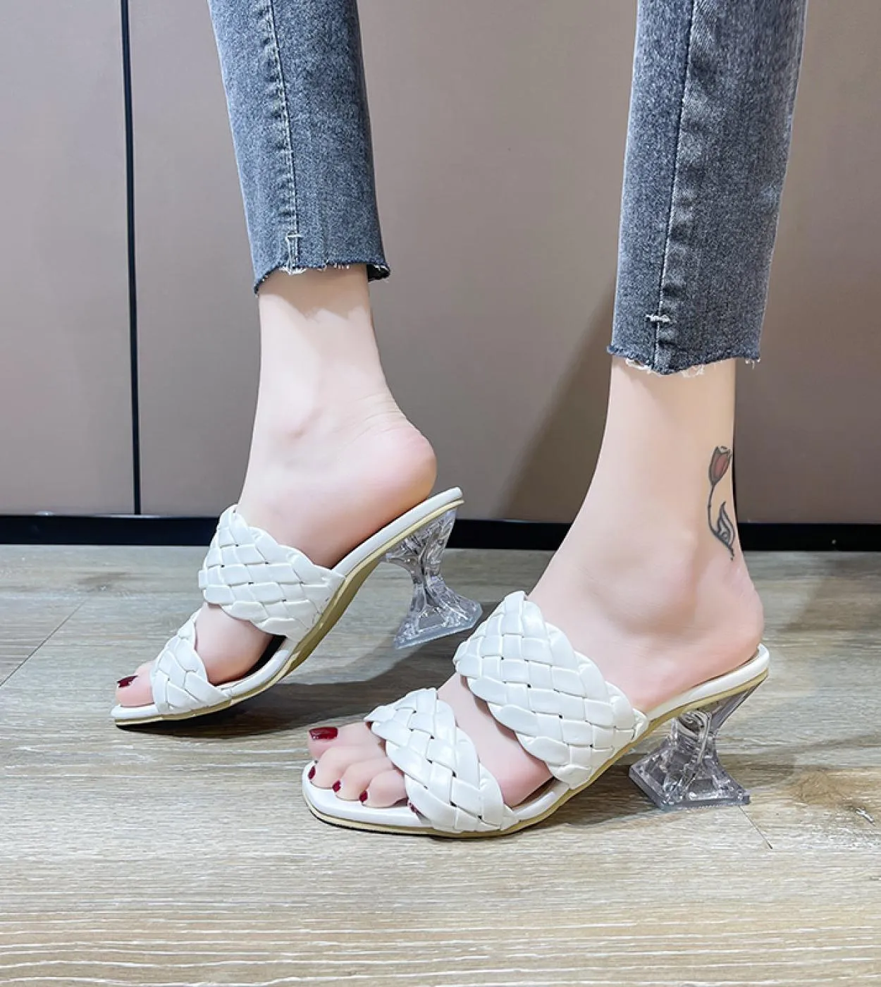 2022 New Summer Women Mules Design Slippers Sandal Slides Braided Cord  Transparent Fretwork Heels Women Shoes Female