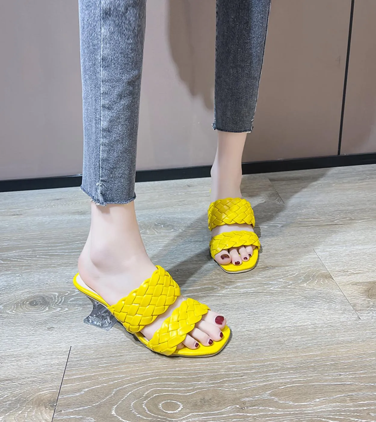 2022 New Summer Women Mules Design Slippers Sandal Slides Braided Cord  Transparent Fretwork Heels Women Shoes Female