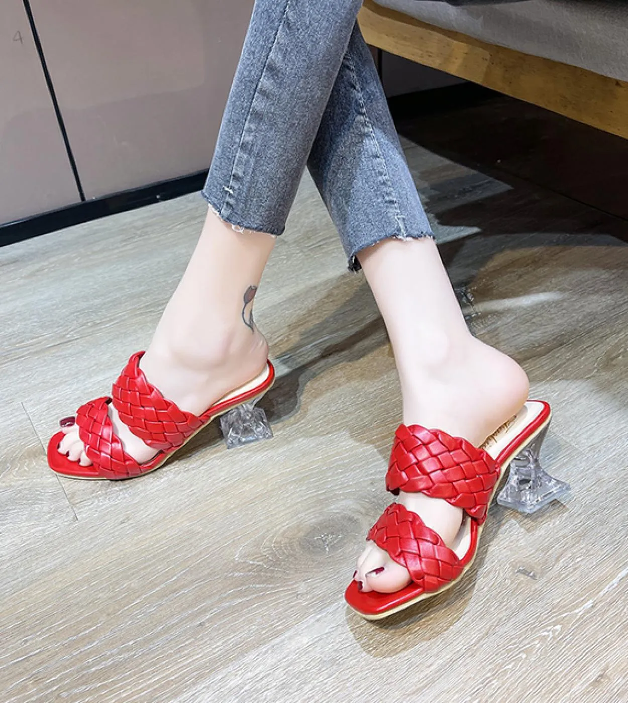 2022 New Summer Women Mules Design Slippers Sandal Slides Braided Cord  Transparent Fretwork Heels Women Shoes Female