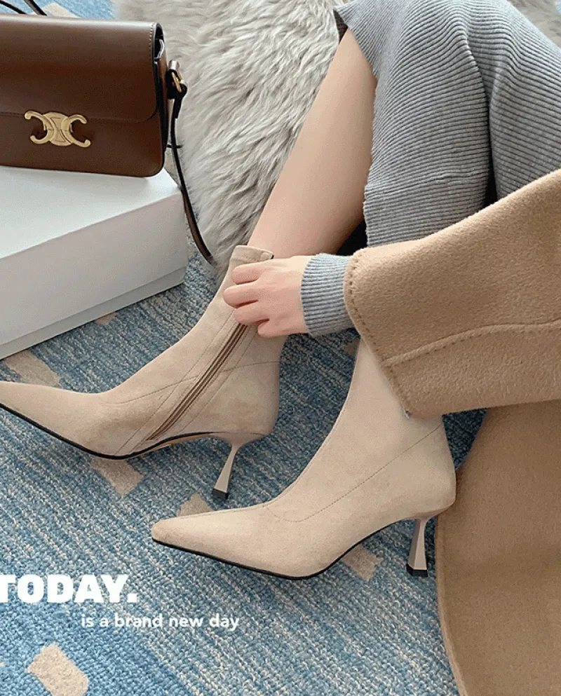 Autumn And Winter New  Style Pointed Toe Temperament High Heels Thin Boots Stiletto Short Boots Women's Suede Elastic Bo