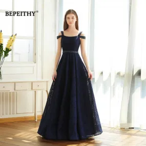 Bepeithy Abito da ballo in pizzo blu navy con cintura in rilievo Vestido De Noche Abito da sera lungo aperto sul retro Partito e