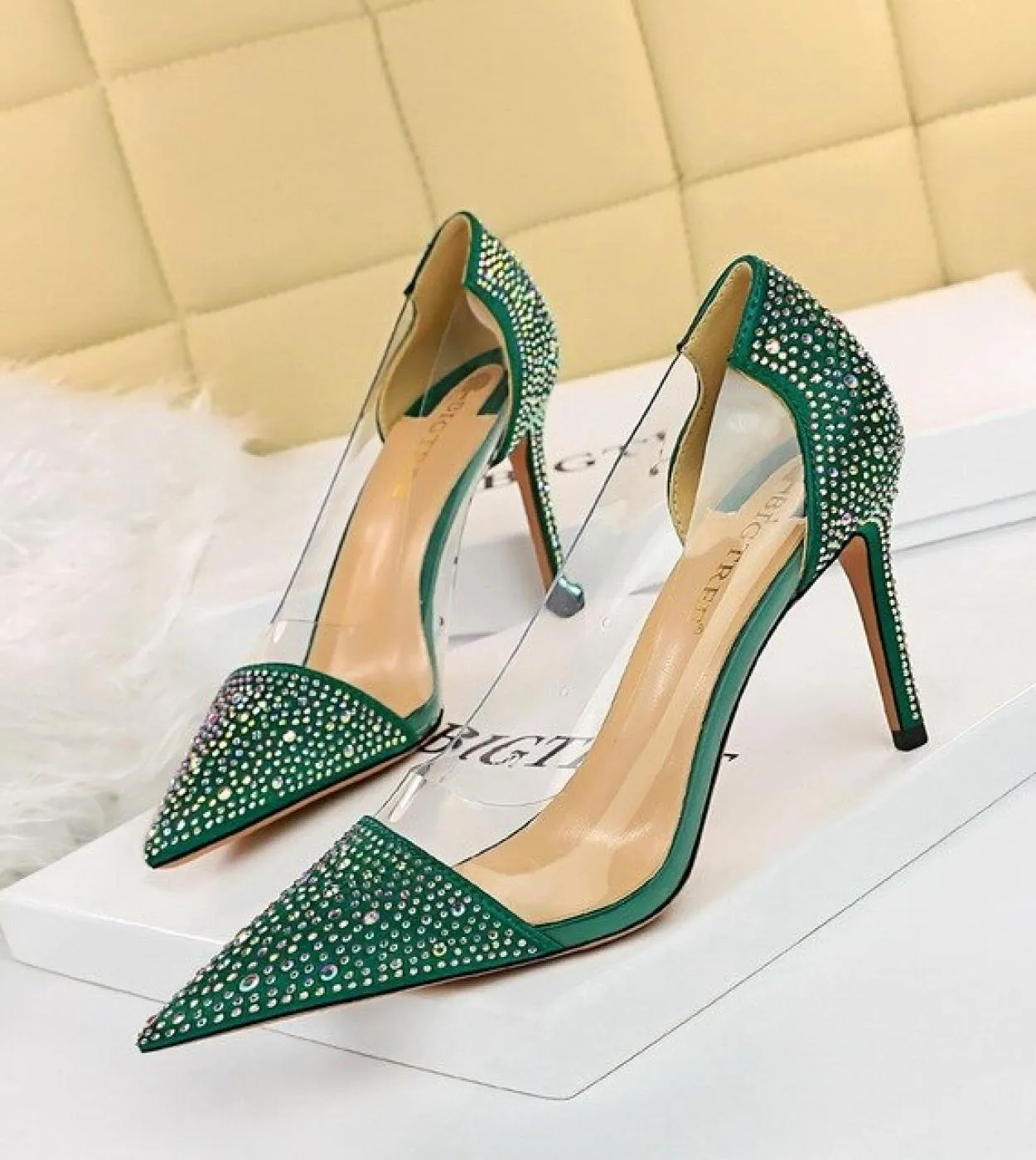 Bigtree Women High Heels Glitter Crystal Pumps Lady Transparent Heels Female Wedding Bridal Stripper Designer Green Pvc