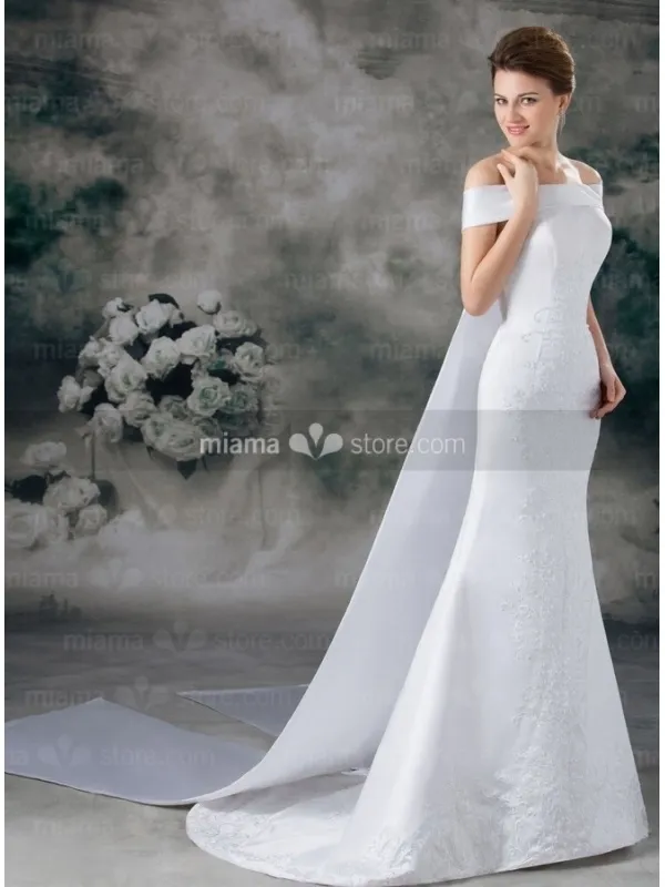 CLARA - A-line Off the shoulder Watteau train Satin Wedding dress