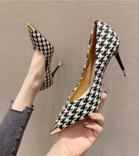 Comemore 2022 Pumps  Ladies High Heels Women Houndstooth Metal Pointed Toe Shoes With Elegant Heel Office Stiletto Sanda