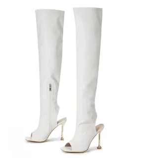 Comemore Leather Thigh High Over The Knee Boots  Open Toe Stripper Heels White Booties Fashion Motorcycle Shoes Women Pu