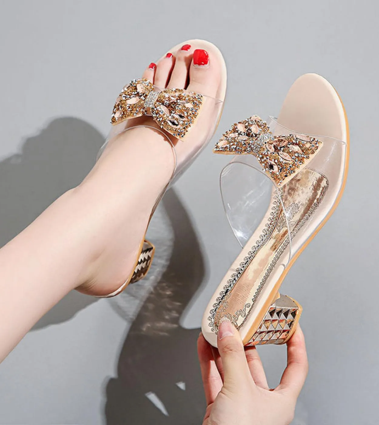 Comemore Summer Womens 2022 Trends Bow Crystals Medium Heel Sandals Clear Heels Slippers Transparent Ladies Shoes Free