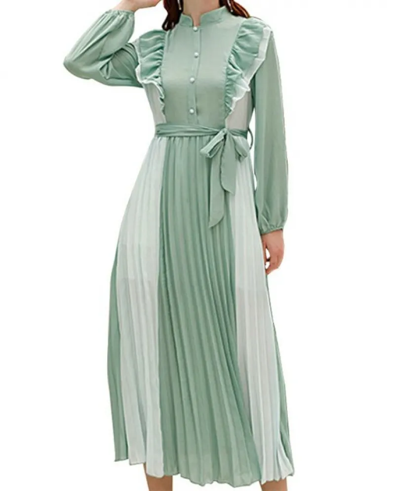 Contrast O Neck Long Sleeve Strappy Ruffle Edge A Line Maxi Dress Autumn Exotic Tight Elegant Party Fairy Dresses Clothe