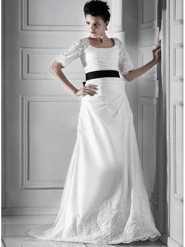 DELIA - A-line Chapel train Taffeta Low round/Scooped neck Wedding dress