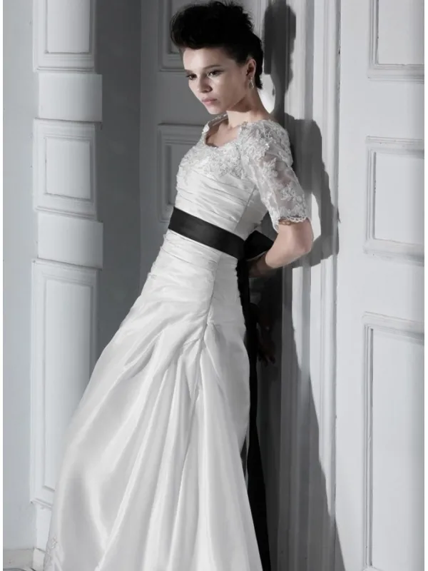 DELIA - A-line Chapel train Taffeta Low round/Scooped neck Wedding dress