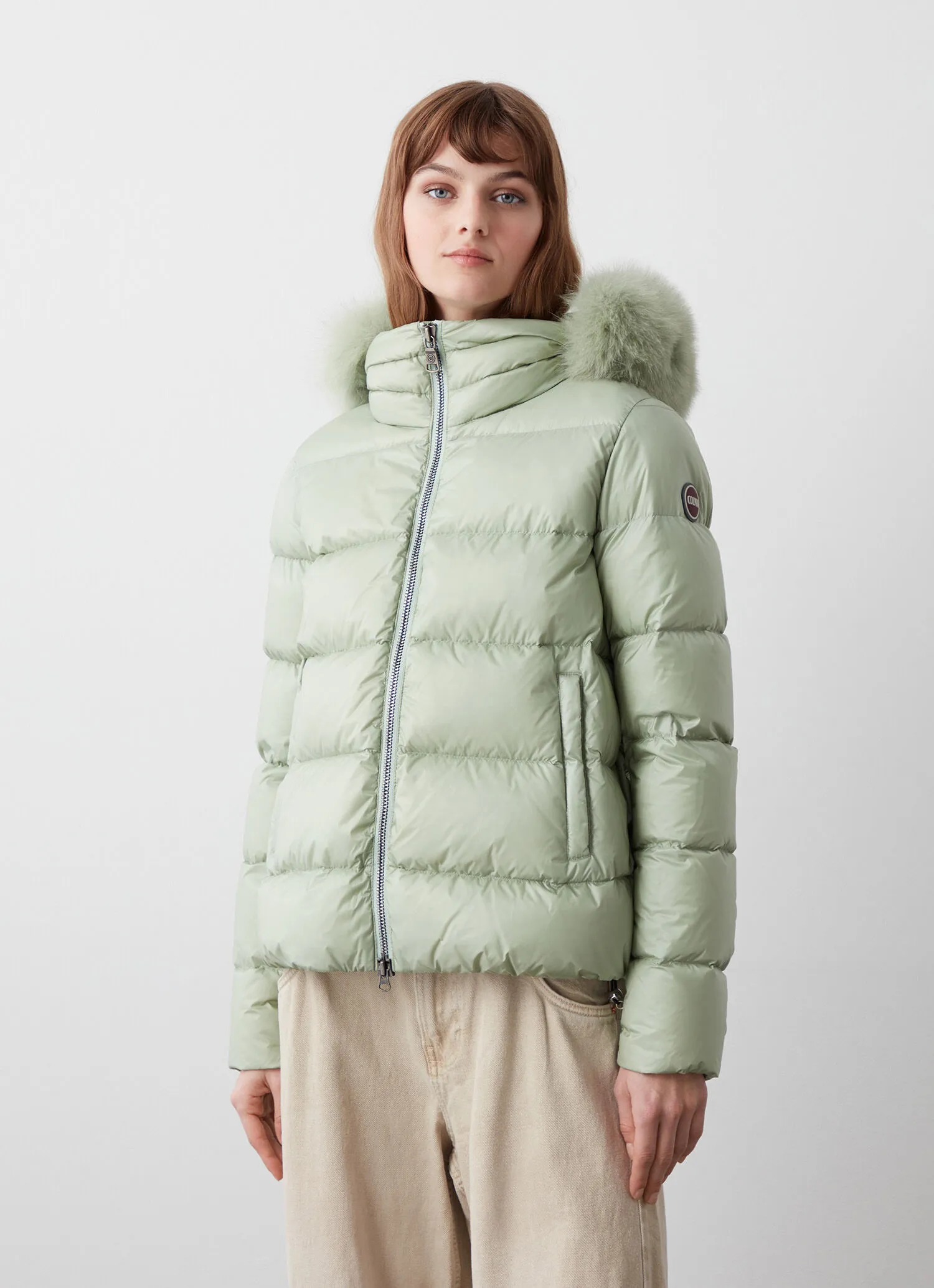 Down jacket with detachable faux fur hood