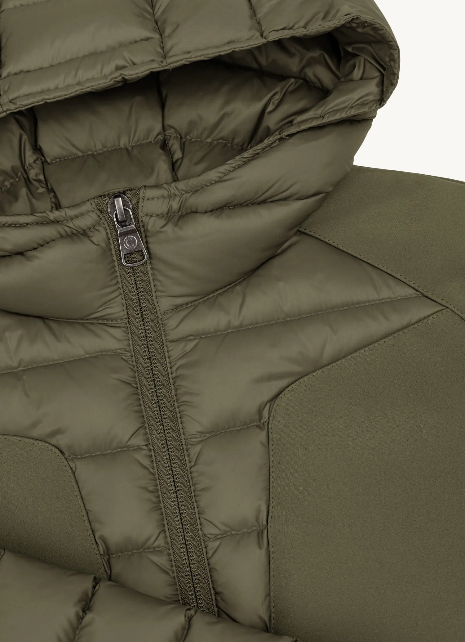 Down jacket with fixed hood in double fabric