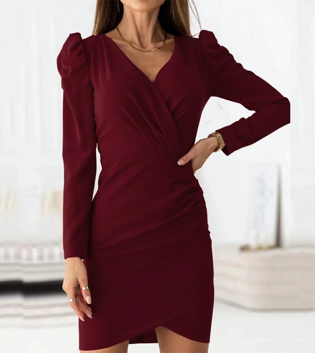 Elegant High Waist Irregular Mini Dress Women  Deep Vneck Draped Party Dress Fashion Puff Long Sleeve Solid Aline Dresse