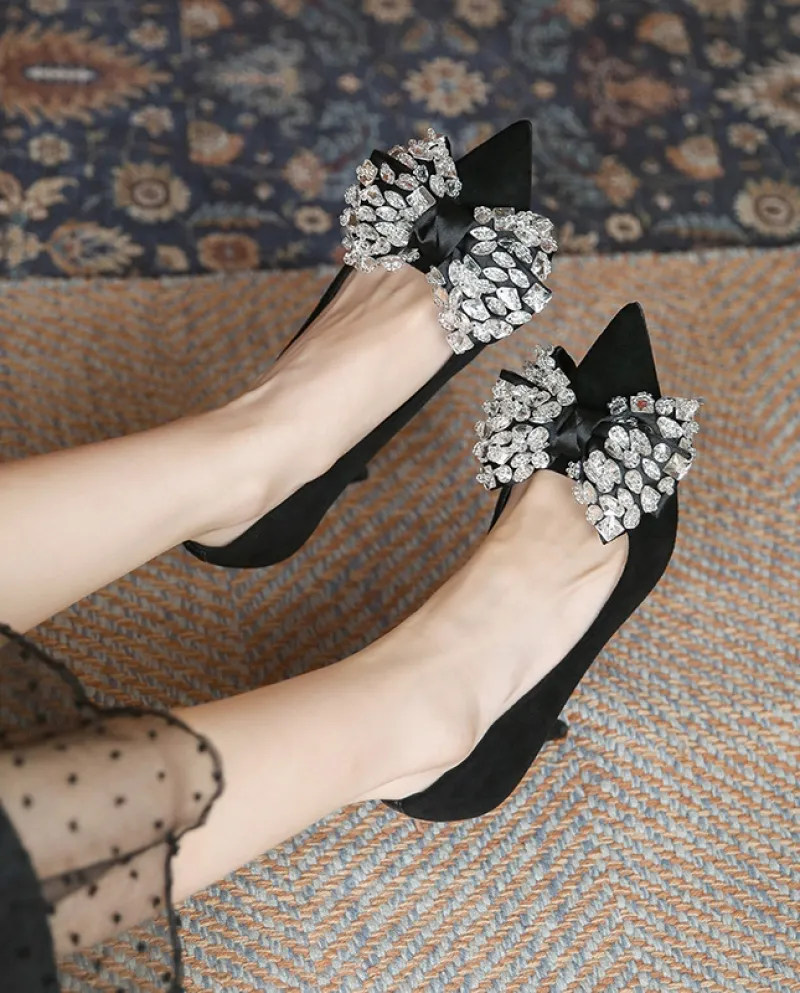 French High Heels Women's Stiletto  Style New Girl's Suede Rhinestone Bow Pointed Toe Black Shoes