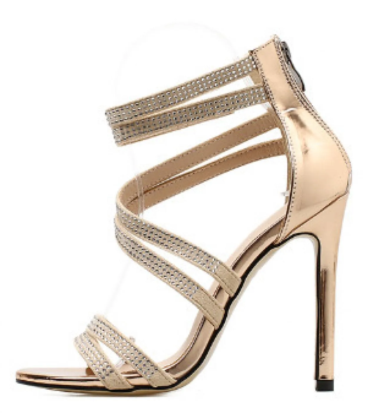 Gold Crystal Sandals Thin Strap Gladiator Sandals Stiletto Wedding Heels Rhinestone Cage Sandals