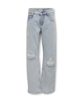 Jeans in cotone a lavaggio chiaro bleach straight fit con strappi 10-14 anni