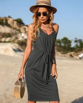 Jim Nora 2022 Summer Beach Spaghetti Strap Dress Scollo a V senza maniche in tinta unita Wrap Hem Abiti con cintura prendisole