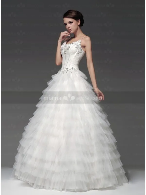 MELISSA - A-line Empire waist Spaghetti straps Floor length Tulle Satin V-neck Wedding dress