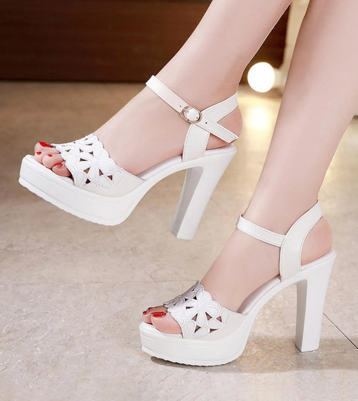 Plus Size 32 43 Block Heels Buckle Platform Sandals Women Wedding Shoes Summer 2022 Floral Carved High Heels Sandals Off