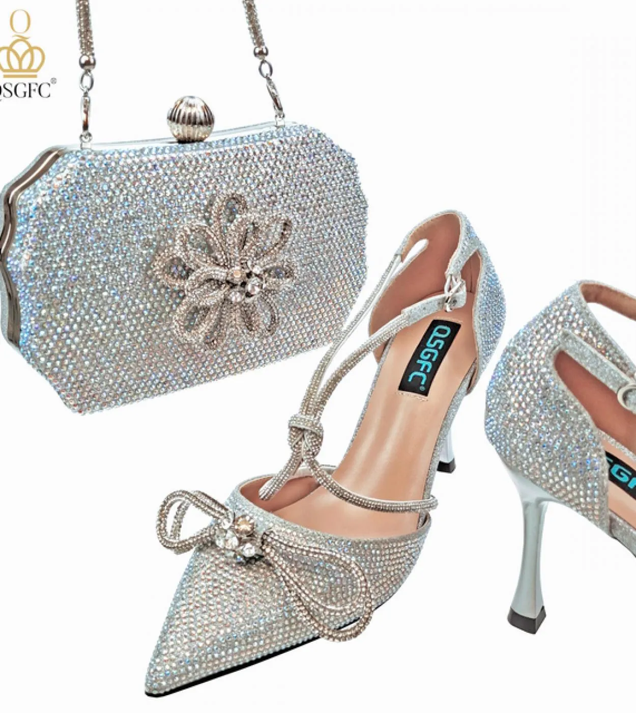 Qsgfc 2022 Scarpe da festa più recenti Scarpe da donna e borsa Setfull Diamond Butterfly Design in colore Dgreen