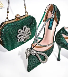 Qsgfc 2022 Scarpe da festa più recenti Scarpe da donna e borsa Setfull Diamond Butterfly Design in colore Dgreen