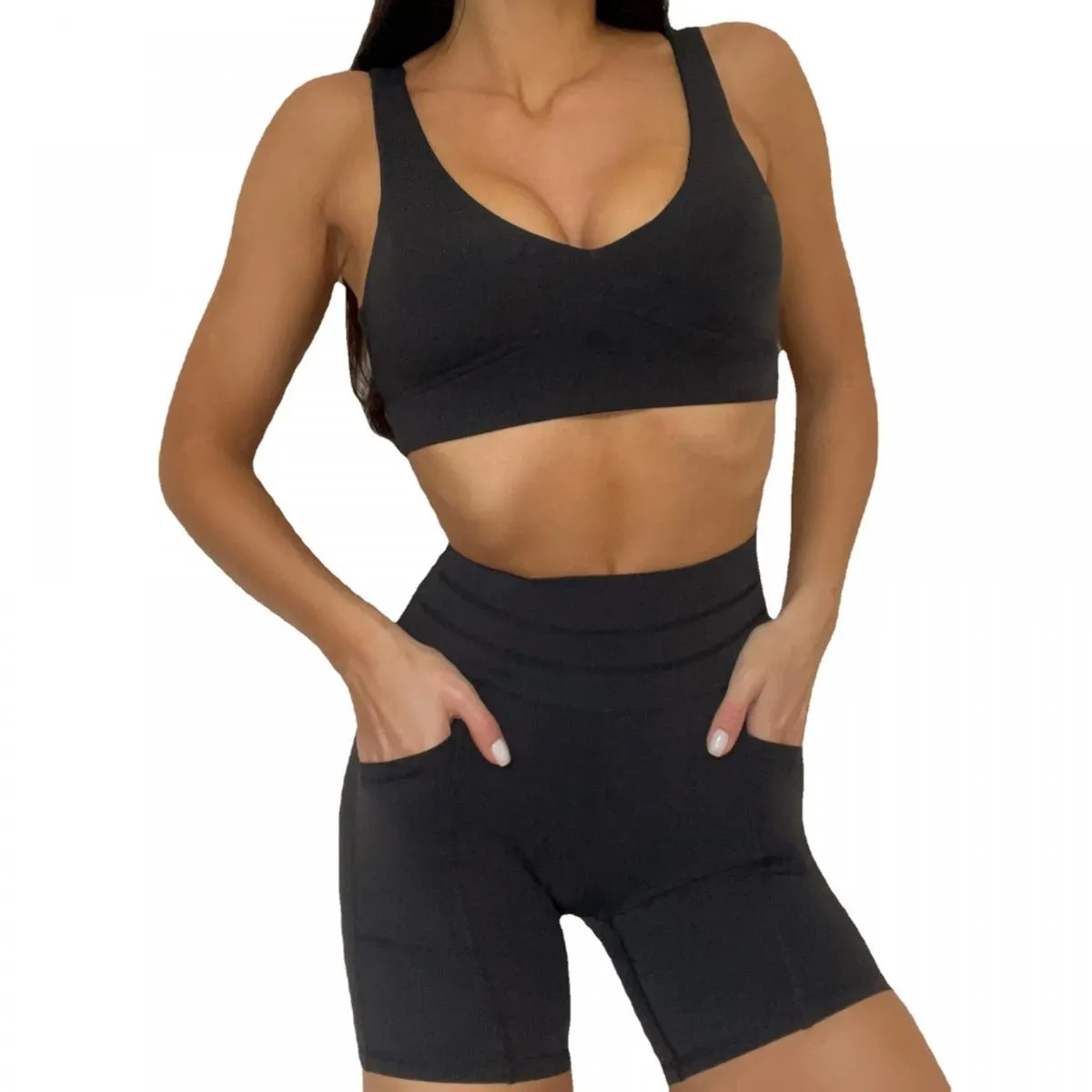 Set da yoga senza cuciture Sport Fitness Vita alta Pantaloncini per sollevamento fianchi Bellezza Reggiseno posteriore Abiti da