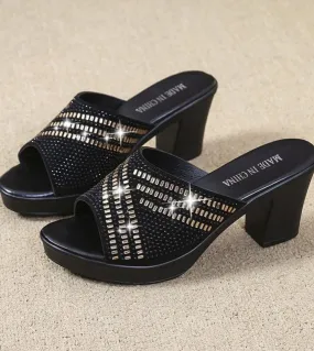 Summer Fashion High Square Heels Slides Women Shining Crystal Platform Sandals Woman Slip On Rhinestone Slippers Mujer