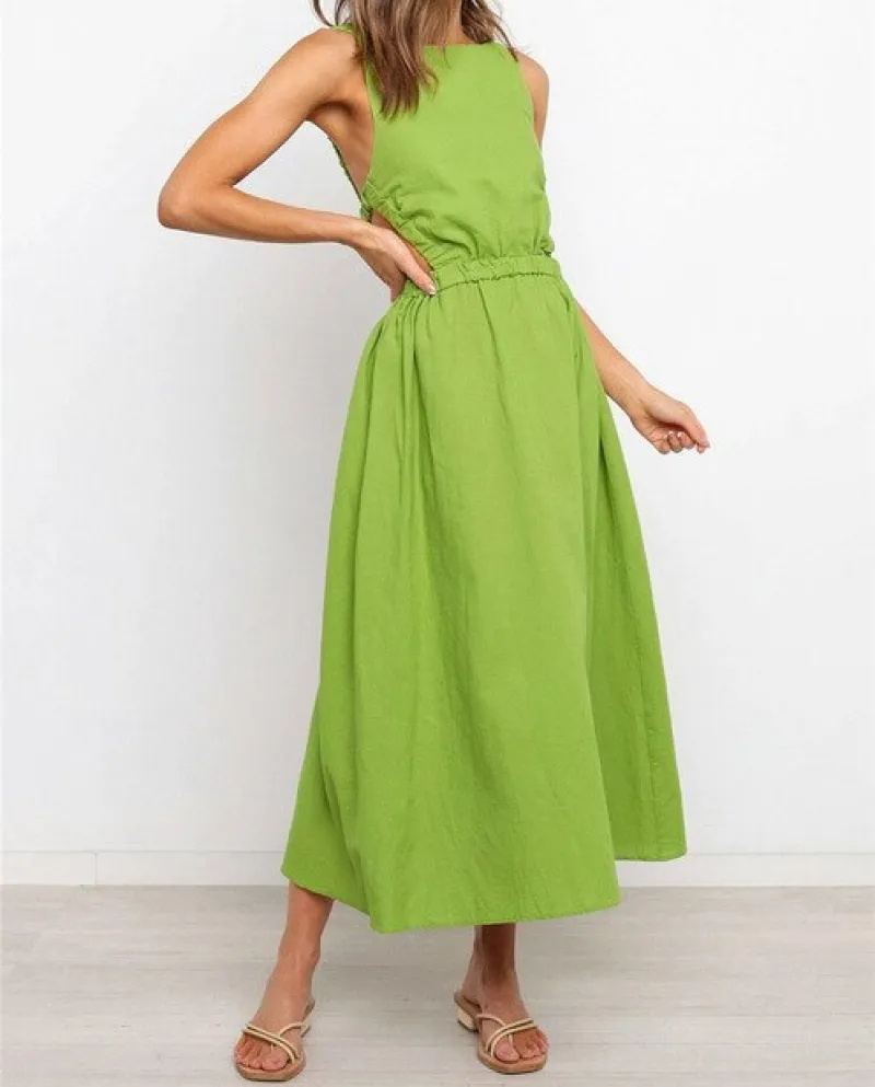 Summer  Sleeveless Slip Backless Maxi Dress Women Solid Color Exotic Female Cut Out Long Dresses