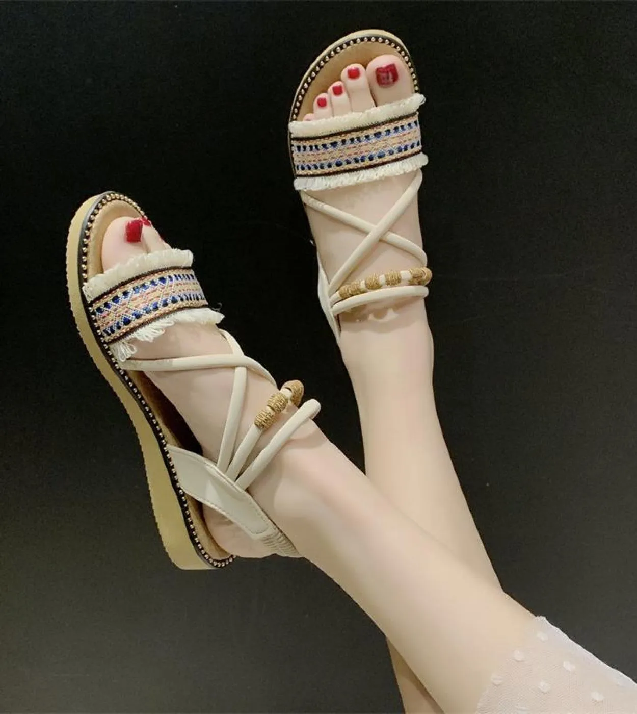 Summer Women Bohemian Style Sandals Slides Heels Slip On Shoes Wedges Chaussure Femme Casual Girls Flat Platform  Women