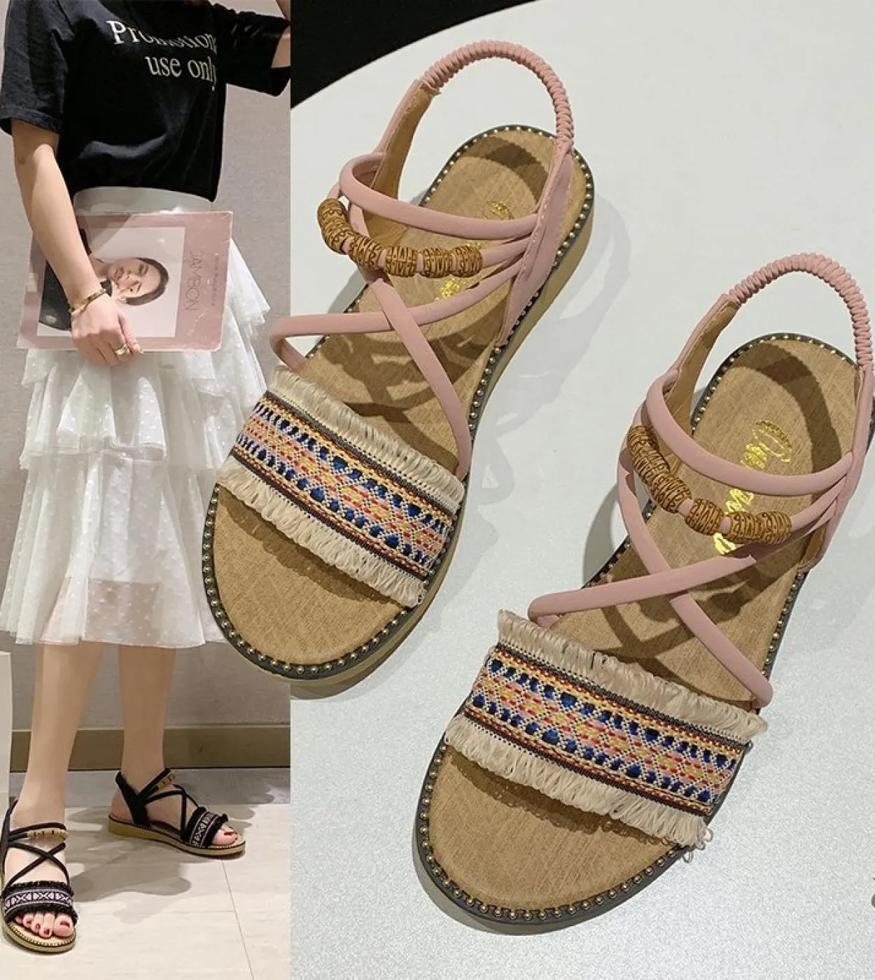 Summer Women Bohemian Style Sandals Slides Heels Slip On Shoes Wedges Chaussure Femme Casual Girls Flat Platform  Women