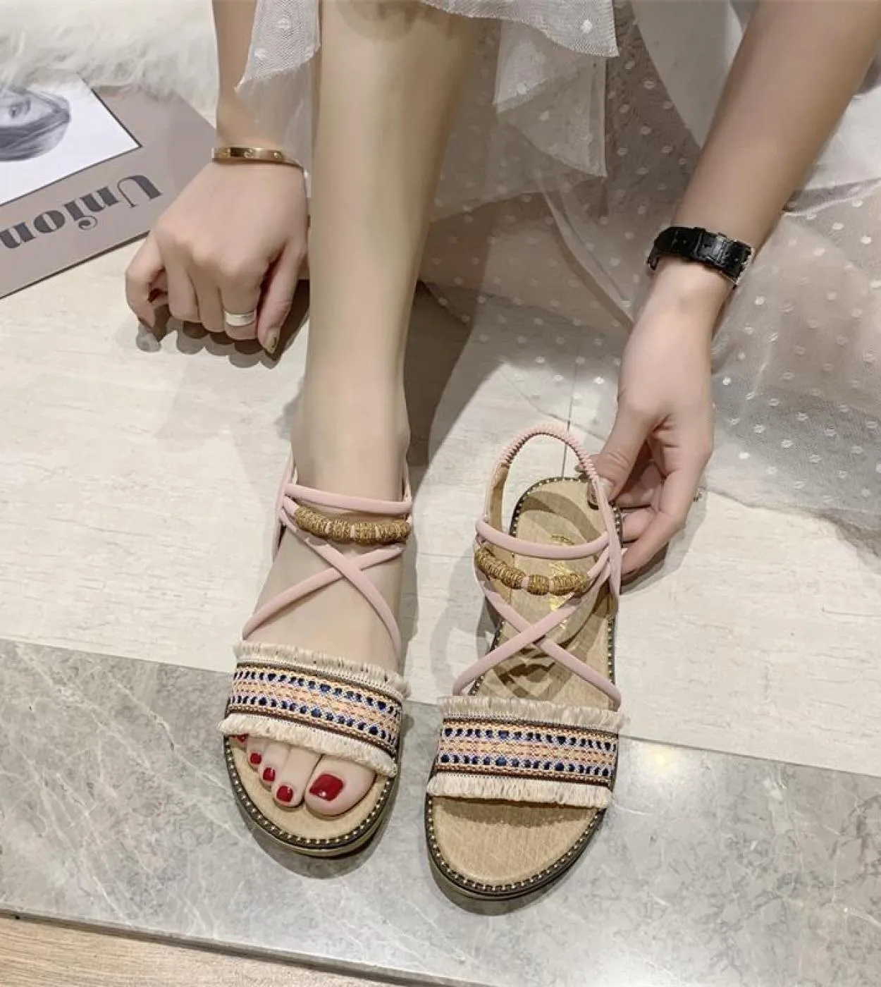 Summer Women Bohemian Style Sandals Slides Heels Slip On Shoes Wedges Chaussure Femme Casual Girls Flat Platform  Women