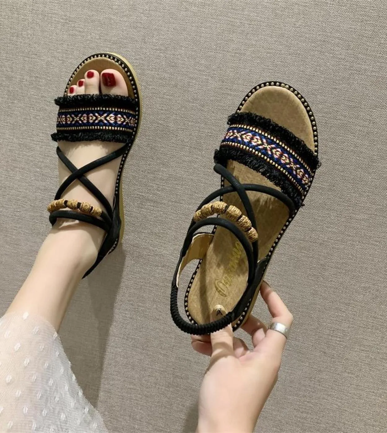 Summer Women Bohemian Style Sandals Slides Heels Slip On Shoes Wedges Chaussure Femme Casual Girls Flat Platform  Women