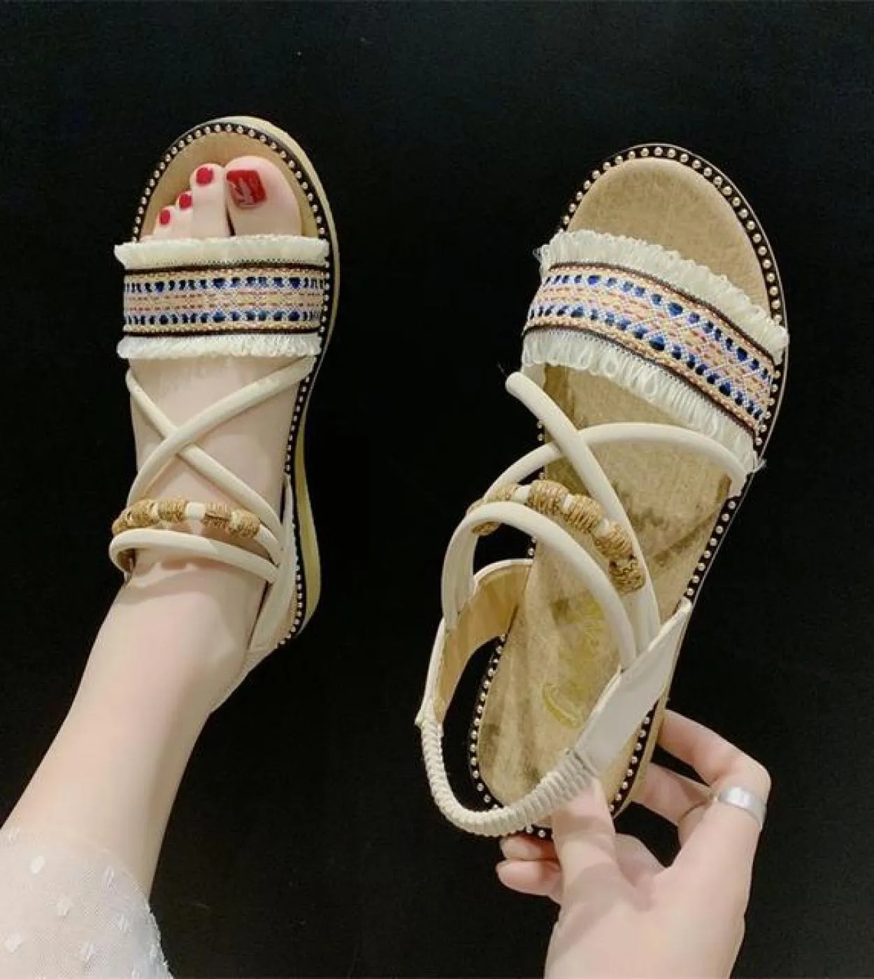 Summer Women Bohemian Style Sandals Slides Heels Slip On Shoes Wedges Chaussure Femme Casual Girls Flat Platform  Women