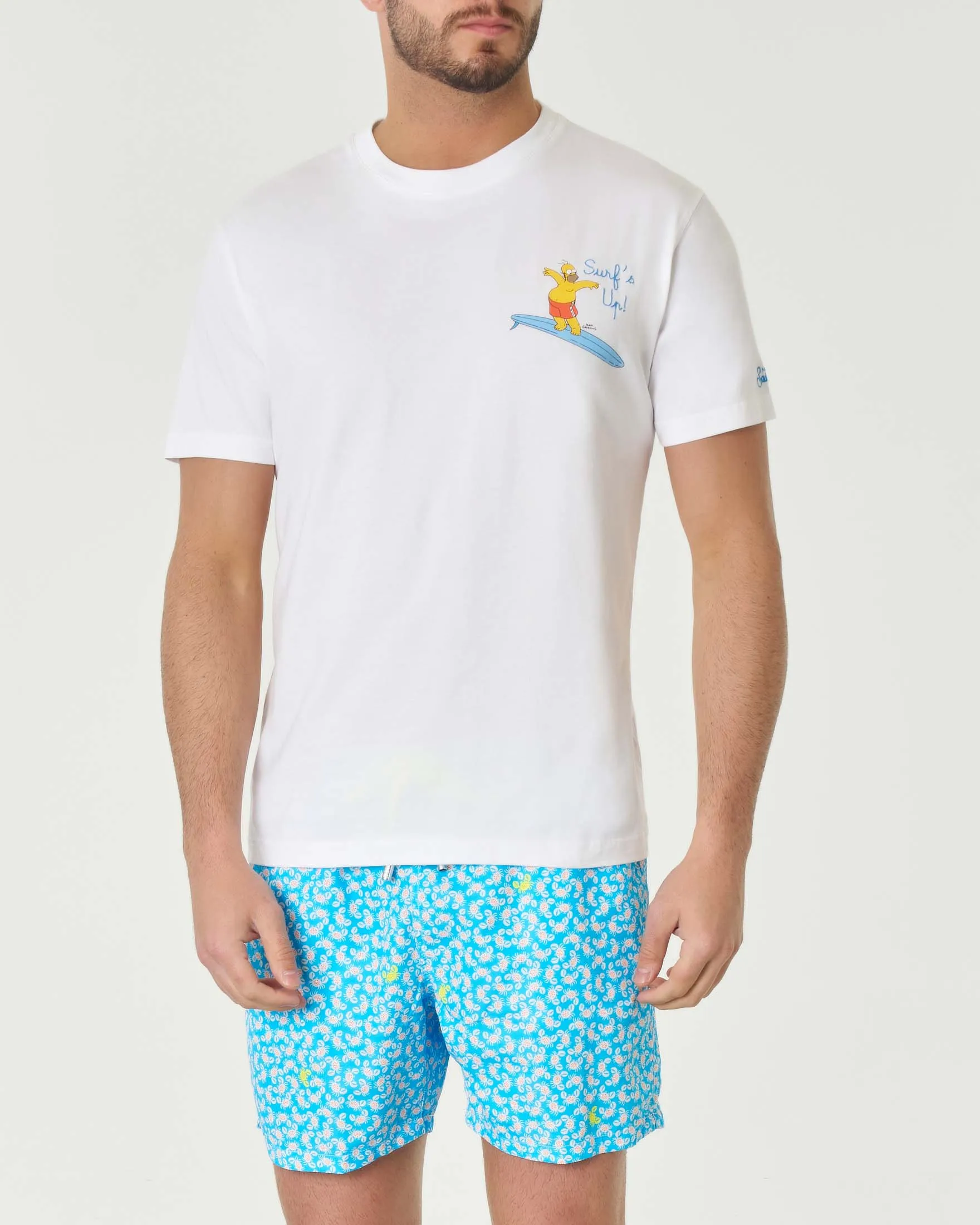 T-shirt bianca mezza manica con stampa Homer surfista piccola sul petto