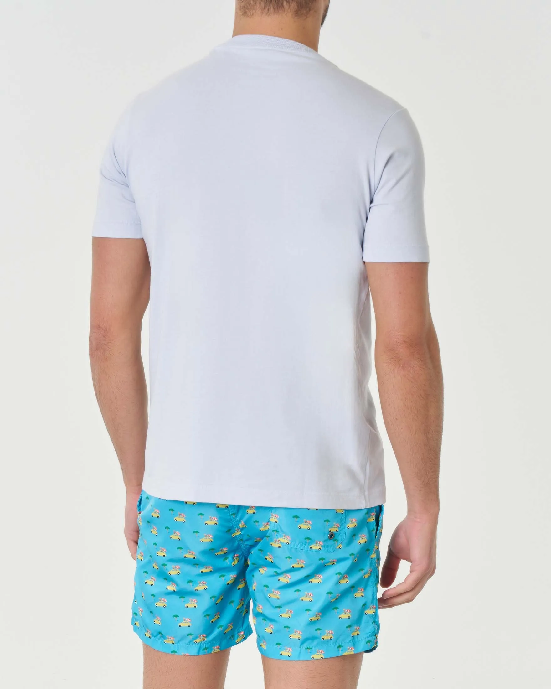 T-shirt color ghiaccio mezza manica in pima cotton con ricamo let's go to the beach e stampa giraffa in macchina