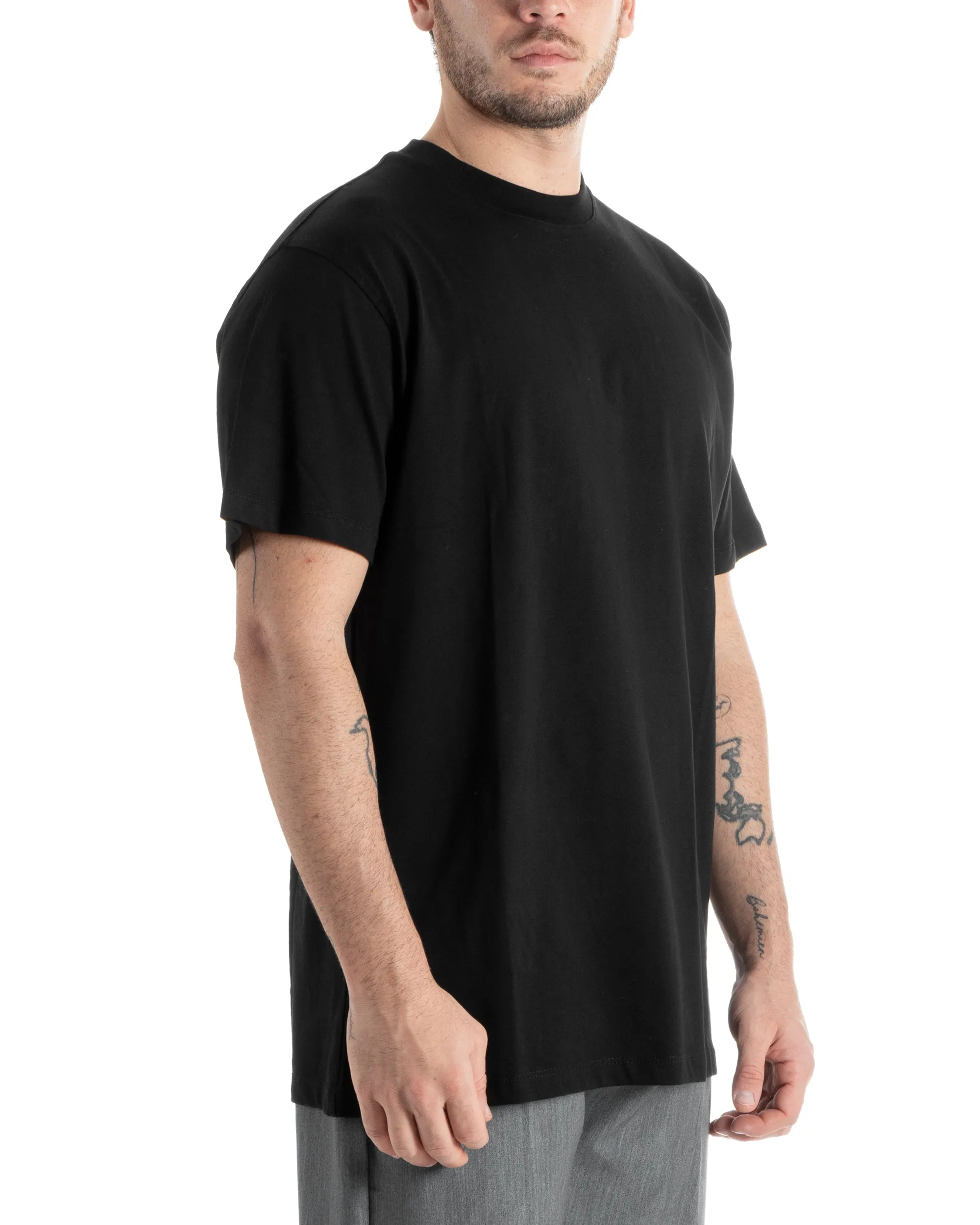 T-shirt Uomo Cotone Basic Tinta Unita Nero Girocollo Casual Gola Alta GIOSAL-TS2983A