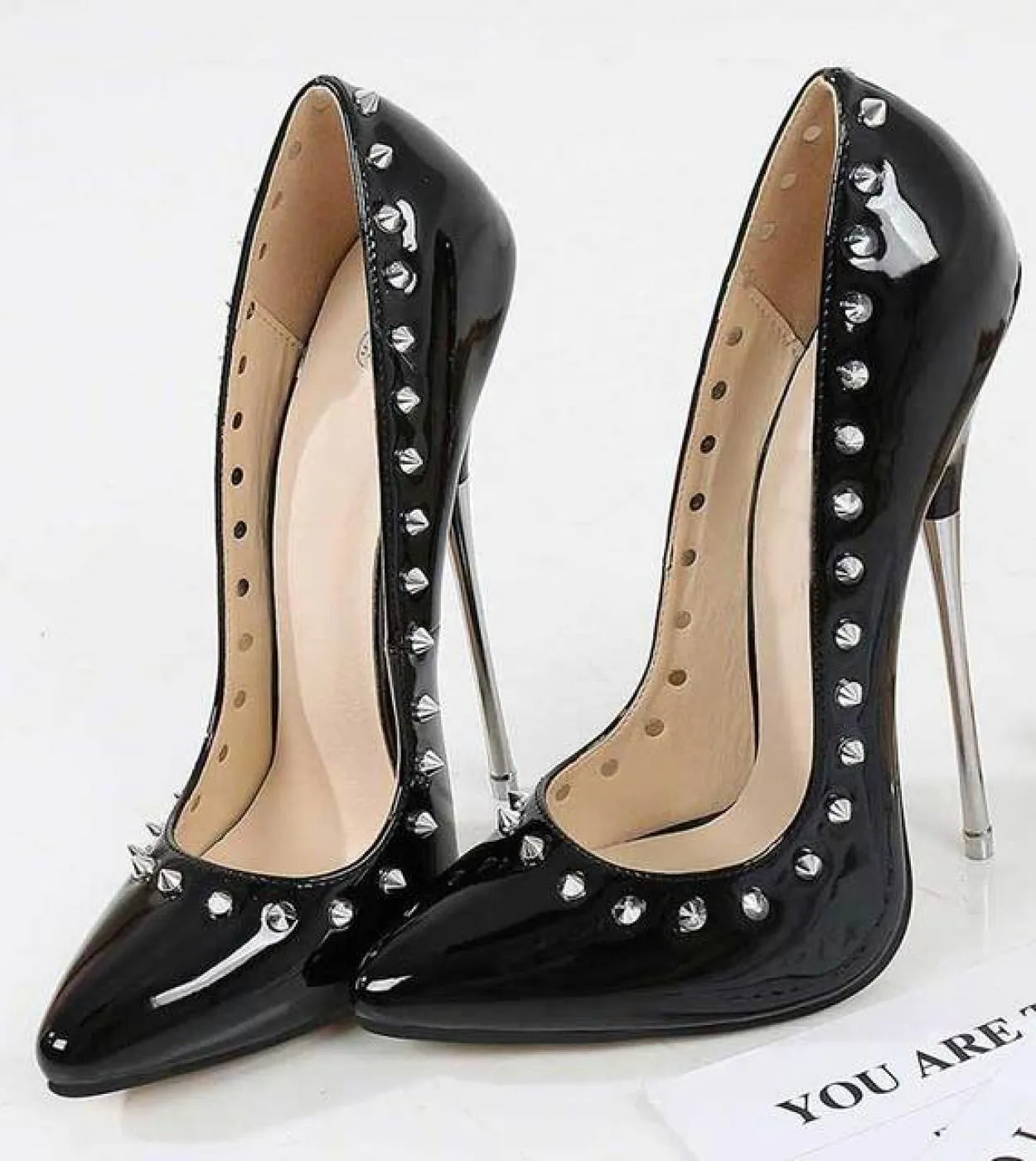 Tikicup 16cm Ultra High Heels Women Punk Spikes Wild Patent Metal Stiletto Pumps Rivetti Crossdress Shoes Plus Size 35 4