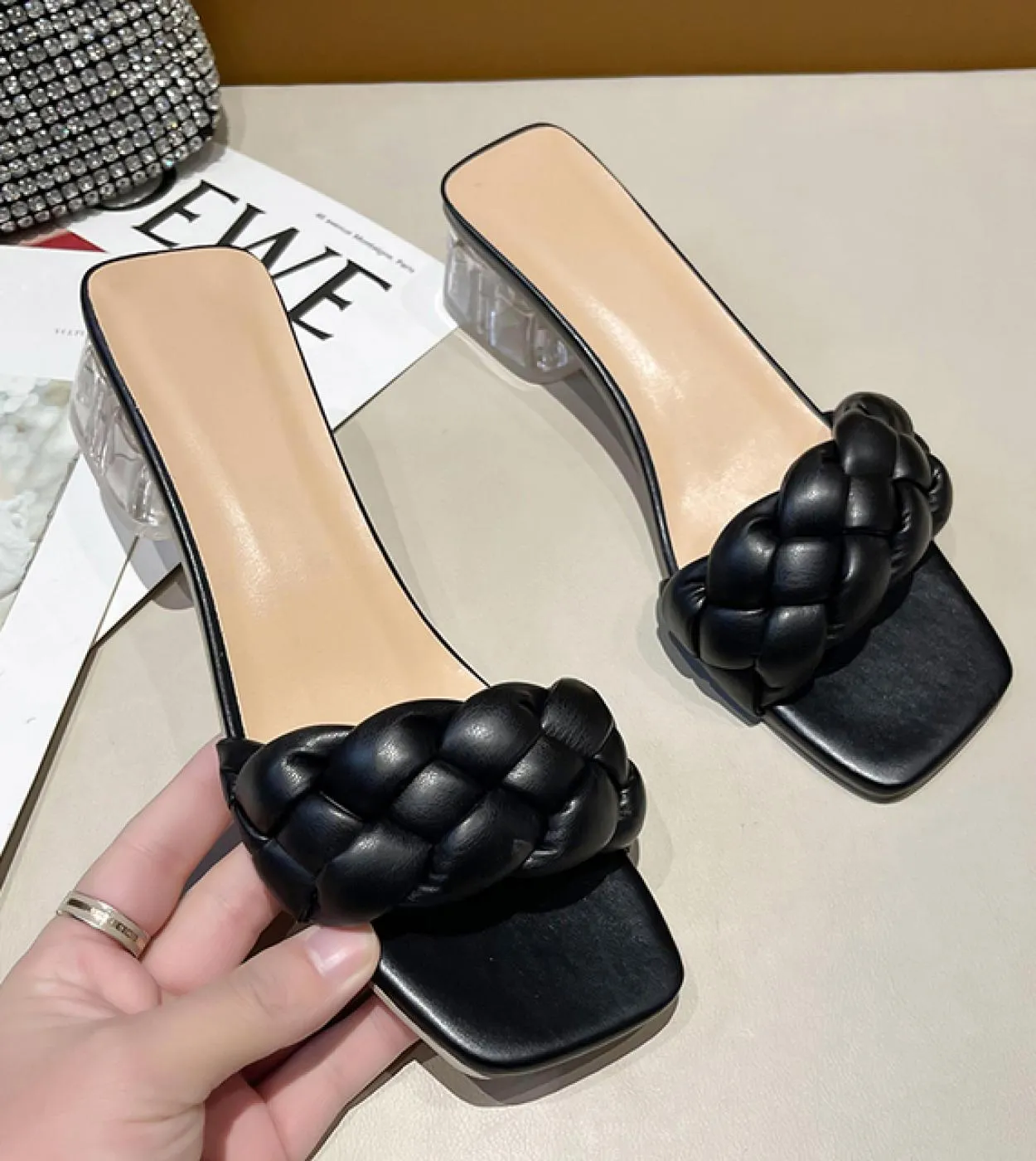 Woman Slippers Transparent High Heels New Summer Shoes Square Heel Weave Square Toe Slippers Ladies  Ladies Leather Shoe