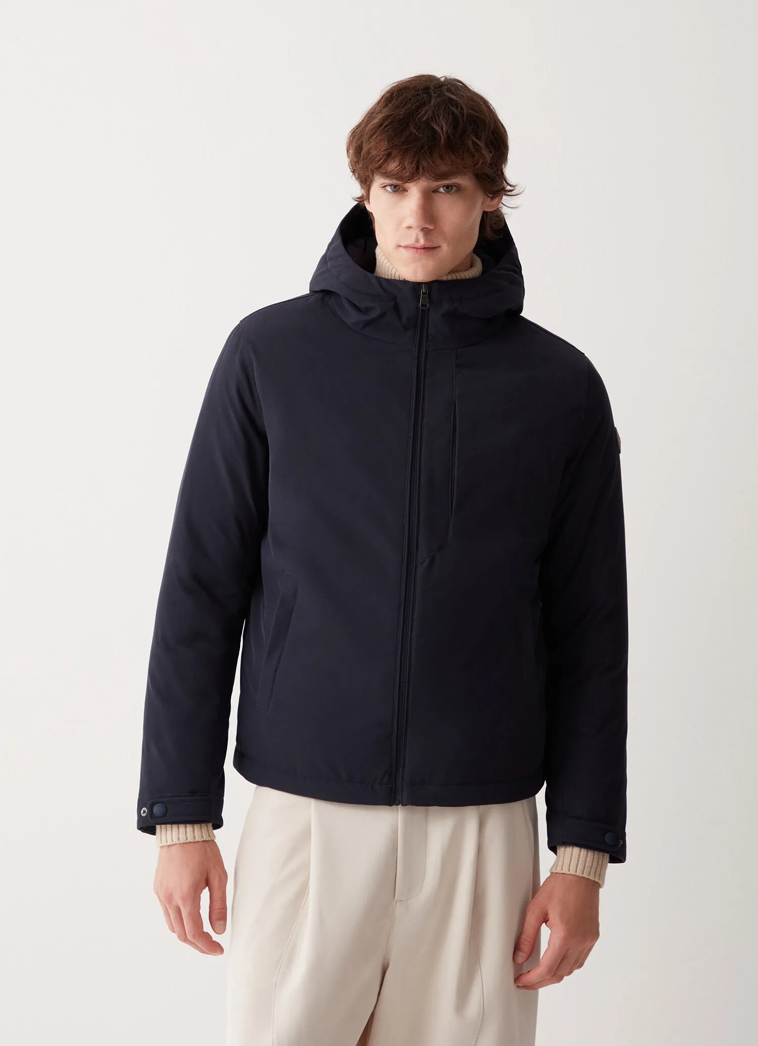 Wool-effect down jacket with fixed hood